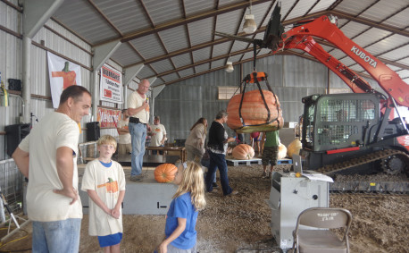 The giant pumpkin arrives at the competition.
