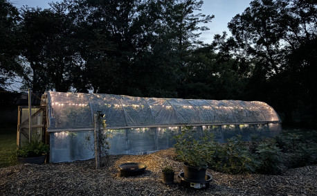The farm greenhouse at dusk