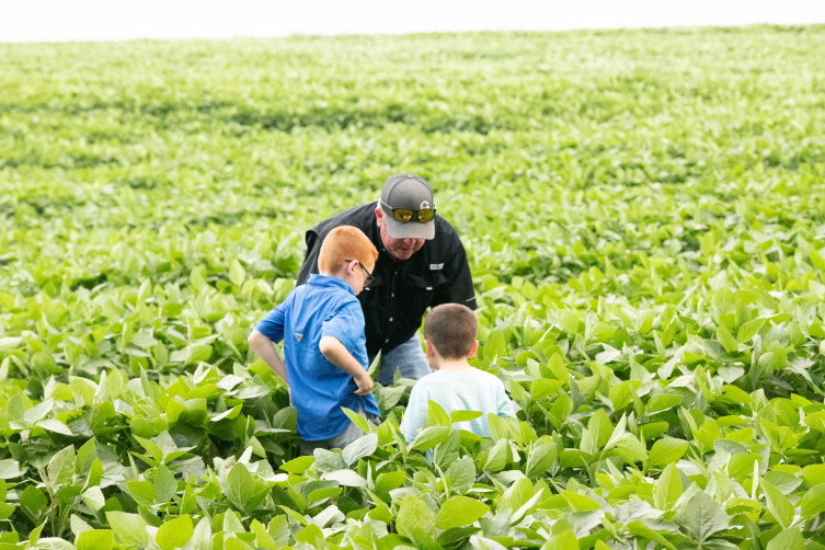 Brandon Geiger Kansas farmer inspects his soybean field with his sons